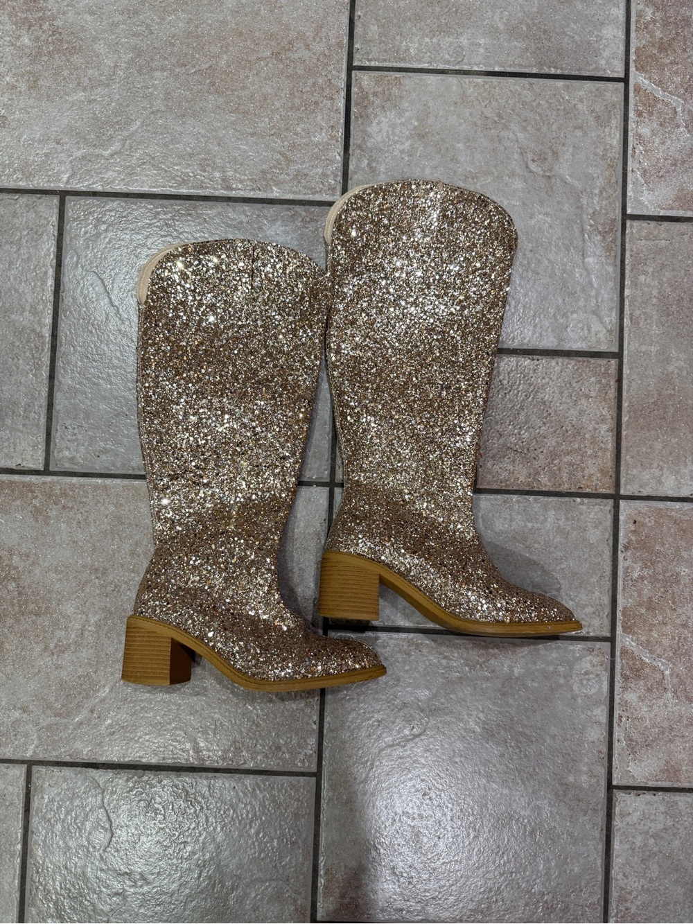 Gold Glitter Knee-High Heeled Boots for Women— size 6.5